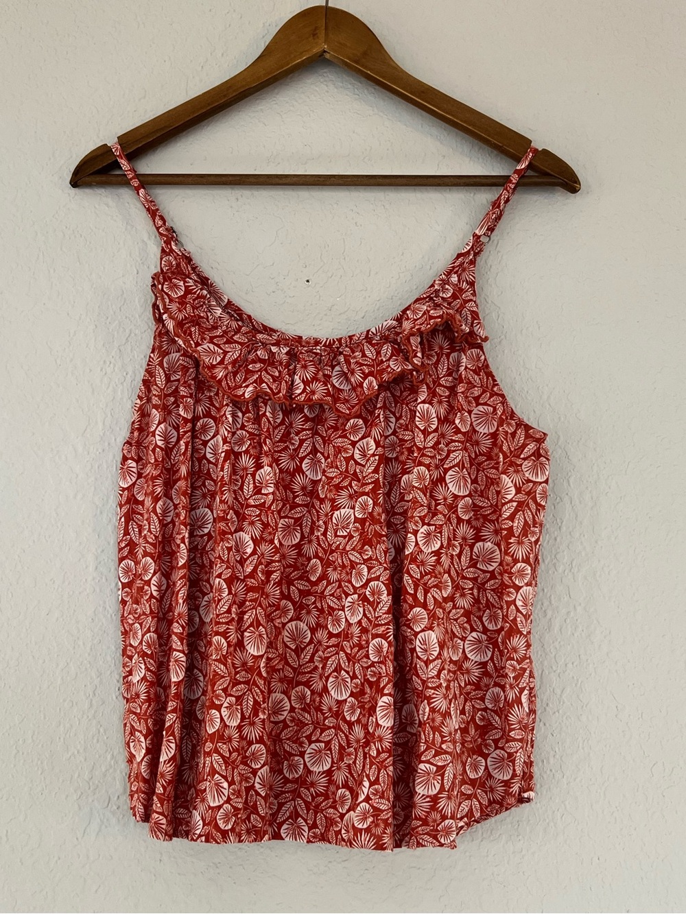 LOFT Womens L Orange/White Floral Ruffle Scoop Neck Flowy Romantic Boho Blouse